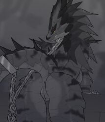 anthro anus arm_support ass biped bound breasts chained_up chains cuff_(restraint) digital_media_(artwork) female genitals grey_body hi_res innie_pussy jekuben looking_at_viewer markings monochrome nude orange_eyes presenting pussy raised_tail rear_view reptile restraints scales scalie side_boob simple_background solo spikes spikes_(anatomy) spot_color striped_markings stripes tail teeth yellow_sclera