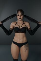 1girls 3d black_bra black_gloves black_hair black_lipstick black_panties blender enigmaj female female_focus female_only light-skinned_female looking_at_viewer makeup pulling_ponytail solo_female tattoo tatum_paxley wwe wwe_diva wwe_nxt