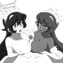 big_breasts big_nipples big_titties black_and_white blush cum cum_in_face curvaceous curvaceous_female curvaceous_figure curvy curvy_figure curvy_hips female female_focus filia_(skullgirls) fukua_(skullgirls) leoposting long_hair monochrome nipples nude nude_female penis skullgirls text titjob