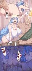 1boy 1girls absurdres against_wall alcohol alternate_breast_size anal anal_grip anal_penetration anal_sex aqua_(konosuba) armpits ass backboob bald beer big_ass big_breasts big_penis blue_eyes blue_hair breasts censor_bar censored clenched_teeth comic cum cum_in_pussy cum_inside drunk drunk_sex feet female gigantic_breasts has_uncensored_version heart-shaped_pupils highres huge_ass huge_breasts huge_testicles instant_loss_2koma kono_subarashii_sekai_ni_shukufuku_wo! large_breasts larger_male long_hair male mating_press metal_owl nude overflow penis sex sideboob size_difference smaller_female soles straight testicles thick_thighs toes trembling vaginal_penetration wide_hips