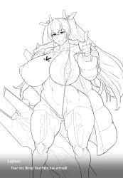 1girls areolae breasts female goddess_of_victory:_nikke huge_breasts laplace_(nikke) looking_at_viewer monochrome nipple_piercing nipples smile supersolenoid tagme thick_thighs