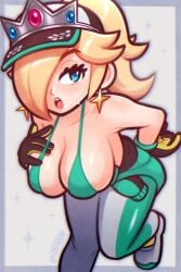1girls big_breasts blonde_hair blue_eyes bodysuit bra breasts crown earrings looking_at_viewer mario_(series) mario_kart mario_kart_world nintendo one_eye_obstructed princess_rosalina solo sweat tsuvida underwear undressed visor_cap