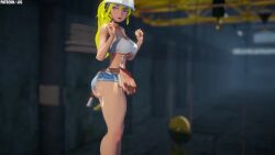 1girls 3d animated blonde_female blonde_hair construction_helmet construction_site female half-dressed half_naked jic_jic long_hair long_hair_female music purple_eyes removing_clothing rwby short_shorts solo_female sound tagme tank_top tank_top_lift video yang_xiao_long