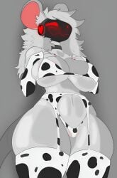 2d absurd_res anthro barely_visible_genitalia barely_visible_nipples barely_visible_pussy big_breasts blush breasts clothing colored_nails cow_lingerie dark_skin digital_drawing_(artwork) digital_media_(artwork) english_text female female_only fur genitals genosladart green_eyes hi_res huge_breasts interspecies lingerie long_hair machine mammal mostly_nude mouse_ears nails nipples obscured_pussy oral panties protogen pussy shaded simple_background solo tail thick_thighs underwear voluptuous white_body white_fur white_hair