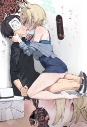 1boy absurdres animal_ear_fluff animal_ears bare_legs black_shirt blue_archive blue_shirt closed_mouth dog_ears dog_girl doodle_sensei_(blue_archive) female french_kiss hair_over_one_eye highres kanna_(blue_archive) kanna_(young)_(blue_archive) kissing lonklink male no_panties no_pants open_mouth sensei_(blue_archive) shirt short_hair sidelocks straight sweatdrop vaginal_penetration