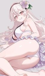 1girls bikini black_hairband blush breasts cleavage corrin_(fire_emblem) corrin_(fire_emblem)_(female) female female_focus female_only fire_emblem fire_emblem_fates fire_emblem_heroes flower frilled_skirt front-tie_bikini grey_hair hair_between_eyes hair_flower hair_ornament hairband large_breasts long_hair looking_at_viewer midriff n_54 official_alternate_costume pointy_ears red_eyes smile solo swimsuit thighs white_bikini white_hair