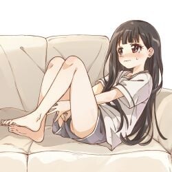 barefoot between_legs black_hair blue_shorts blush brown_eyes closed_mouth clothing_aside commentary_request couch feet female from_side fukaku-tei full_body hand_between_legs highres knees_up long_hair make_heroine_ga_oo_sugiru! nukumizu_kaju on_couch pussy pussy_peek sailor_collar shirt short_shorts short_sleeves shorts shorts_aside sitting soles solo thighs toes twitching v-shaped_eyebrows very_long_hair white_sailor_collar white_shirt