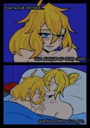 1boy 1girls after_sex bed big_breasts blonde_hair blue_eyes blush breasts breasts_bigger_than_head closed_eyes clothed comic comic_page crying el_diario_de_jonathan female green_eyes heterochromia jayden_murtons jonathan_almendair male petina petoart short_hair spanish_text