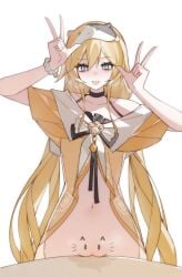 :3 blonde_hair blue_eyes leaking_pussy long_hair masturbation michele_(strinova) open_mouth partially_clothed peace_sign pubic_tattoo pussy_juice pussy_juice_drip strinova table table_humping tagme_(artist) tattoo tattoo_on_belly