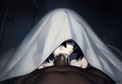 ai_generated aigatari ass blowjob creepy cum cum_in_mouth curvy dark-skinned_male dark_skin deepthroat fellatio female ghost_girl horror huge_ass interracial male monogatari_(series) oral oshino_ougi pale_skin under_blanket very_dark_skin