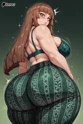 ai_generated back_view backboob bare_thighs big_ass big_butt blue_eyes blush bra brown_hair bubble_butt fat_ass forbidden_pants gigantic_ass gigantic_breasts huge_bra huge_breasts huge_thighs light-skinned_female light_skin long_hair looking_back massive_ass massive_breasts shikanosuke_(taimanin_asagi) solo_female squatting sweat sweatdrop taimanin_(series) taimanin_asagi taimanin_asagi_battle_arena thick_body thick_female thick_thighs thighs uehara_shikanosuke voluptuous voluptuous_female yashugai