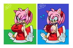 !! 1girls amy_rose blush bottledoranges breasts embarrassed female female_only large_breasts no_bra pointy_nipples sega sideboob solo sonic_(series) surprised tongue tongue_out wardrobe_malfunction