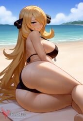 1girls 2d ai_generated ass barefeet beach big_ass big_breasts bikini blonde_hair breasts cynthia_(pokemon) erophoenix feet female female_focus full_body long_hair looking_at_viewer looking_back milf nintendo nude older_woman pale_skinned_female patreon_username pokemon pokemon_dppt smile soles solo solo_female sweat swimsuit thick thick_thighs toes uncensored voluptuous