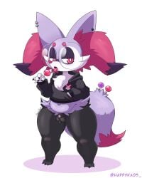 balls belly_button braixen candy chubby_male ear_piercing earrings femboy furry game_freak glasses hoodie kaosdouji lolipop male nintendo penis pokemon_(species) precum precum_drip purple_fur red_eyes small_penis thick_thighs tongue_out