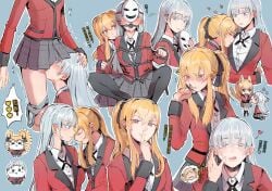 >_< 2girls blonde_hair blue_background blush chinese_commentary chinese_text closed_eyes closed_mouth collared_shirt commentary_request cunnilingus dogbrooo female grey_eyes grey_hair grey_skirt hand_on_another's_head heads_together heart highres jacket kakegurui long_hair momobami_ririka multiple_girls oral outline plaid_clothes plaid_skirt pleated_skirt pussy_juice red_jacket saotome_mary shirt simple_background skirt standing standing_cunnilingus translation_request twintails white_outline white_shirt yuri
