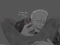 bara gay gay_male grey_body grey_hair greyscale handjob holding_penis male male/male male_only older_male outlast