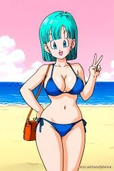 :d ai_generated bangs bikini blue_bikini blunt_bangs breasts bulma_briefs cleavage cowboy_shot dragon_ball dragon_ball_z earrings eyebrows_visible_through_hair hand_on_hip handbag large_breasts looking_at_viewer navel ocean open_mouth outdoors pinku.ai side-tie_bikini smile solo swimsuit v water