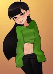 1female 1girl 1girls 2023 2023s 2d absurd_res absurdres aged_up ahoge asian asian_female belly_button black_eyes black_hair black_pants blunt_bangs blush breasts cartoon_network closed_mouth clothes_pull codename:_kids_next_door cowboy_shot digital_art digital_drawing digital_drawing_(artwork) digital_media digital_media_(artwork) digital_painting digital_painting_(artwork) eyelashes female female_focus female_only green_clothing green_sweater groin hair half-closed_eyes hi_res highres human human_female japanese japanese_female kuki_sanban long_black_hair long_hair long_sleeves loodncrood looking_at_viewer navel numbuh_3 pants pants_pull simple_background sleeves_past_fingers sleeves_past_wrists small_breasts smile smiling smiling_at_viewer solo solo_female solo_focus standing sweater tongue tongue_out very_long_black_hair very_long_hair warner_bros warner_brothers