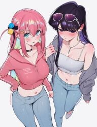 2girls aqua_eyes artist_name averting_eyes black_choker blue_pants blush bocchi_the_rock! breasts camisole choker cleavage collarbone commentary crop_top crossover denim ear_blush earrings eyewear_on_head female gotou_hitori grey_jacket hair_between_eyes hair_ornament hand_on_own_hip heart heart_choker highres hood hoodie hoop_earrings jacket jeans jewelry komi-san_wa_komyushou_desu komi_shouko large_breasts long_hair long_sleeves looking_at_viewer midriff multiple_girls navel necklace o-ring o-ring_choker pants parted_lips patreon_username pink_hair pink_hoodie purple_eyes purple_hair qiandaiyiyu sidelocks simple_background single_off_shoulder sunglasses white-framed_eyewear white_background white_camisole