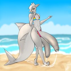 2_penises absurd_res allo_(allodoodl) allodoodl anthro beach big_penis bikini black_sclera bodily_fluids citron_form_allo_(allodoodl) clothing fish foreskin genital_fluids genitals hi_res huge_cock hyper hyper_genitalia hyper_penis leaking_precum lgbt_pride looking_back male male_only marine multi_genitalia multi_penis pansexual_pride_colors penis precum pride_color_clothing pride_colors shark slim slim_male solo swimwear two-piece_swimsuit uncircumcised unretracted_foreskin yellow_eyes