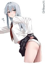 artist_name ass bent_over black_skirt blue_eyes blush clothes_lift commentary_request cum cum_on_body cum_on_legs cumdrip cumdrip_through_panties ebifurya female from_side grey_hair hair_between_eyes hashtag-only_commentary hibiki_(kantai_collection) highres kantai_collection long_hair long_sleeves neckerchief one-hour_drawing_challenge panties red_neckerchief shirt simple_background skirt skirt_lift solo suggestive_fluid thighs twitter_username underwear white_background white_panties white_shirt