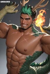1boy ai_generated aimenlover antlers bara claws confident_smile dragon_boy dragon_horns dragon_scales dragon_tail fangs fantasy_creature flexing green_hair male muscular muscular_male pointed_ears scales scars short_hair solo_male spiky_hair topless