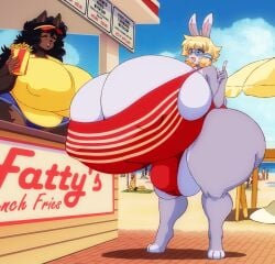 beach bunny canine fenrir_brown furry futanari huge_bulge hyper hyper_breasts intersex retro_artstyle swimsuit teabunni thick_thighs