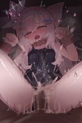 1boy absurdres animal_ear_fluff animal_ears bandaid bandaid_on_face blue_one-piece_swimsuit blush bondage bound bound_wrists bow breasts censored chains clothes_pull clothing_aside collar commentary_request covered_navel cuffs cum cum_in_pussy cum_on_body cum_on_clothes cum_overflow cumdrip dark-skinned_male dark_skin ejaculation facial female hair_ornament hairbow half-closed_eyes heart heart-shaped_pupils heavy_breathing highres long_hair looking_at_viewer lying missionary mosaic_censoring motion_lines multiple_hair_bows on_back one-piece_swimsuit one-piece_swimsuit_pull open_mouth original penis pink_hair pussy red_eyes restrained school_swimsuit sex shinkaiobake small_breasts solo_focus spread_legs star_(symbol) star_hair_ornament stomach_bulge straight sweat swimsuit swimsuit_aside symbol-shaped_pupils vaginal_penetration