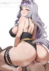 1boy 1girls :q absurdres animal_ears ass bald black_one-piece_swimsuit breasts covered_nipples cowgirl_position dush_1154 eyewear_on_head female from_behind gold_ship_(run_revolt_launcher)_(umamusume) gold_ship_(umamusume) grey_hair highres horse_ears horse_girl horse_tail large_breasts long_hair male official_alternate_costume one-piece_swimsuit purple-tinted_eyewear simple_background sitting_on_face sunglasses sweat swimsuit tail thigh_strap thighs tinted_eyewear tongue tongue_out umamusume white_background