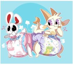 abuniverse alligator alligatorid alphagatorz alphagatorz_(diaper) ambiguous anthro ass biped black_eyes blue_background blush blush_lines border bump bunnyhopps bunnyhopps_(diaper) chikn_nuggit clean_diaper clothed clothing creature_print crescent_moon crocodilian diaper diaper_bump diaper_puff dragon duo front_view fur fwench_fwy_(chikn_nuggit) gender happy heart_symbol horn iscream_(chikn_nuggit) jupiters lagomorph leporid mammal moon mythological_creature mythological_scalie mythology nuggit) number oversized_diaper print_diaper purple_eyes rabbit reptile scalie simple_background tail tan_body wearing_diaper white_body white_border white_fur white_tail yellow_tail