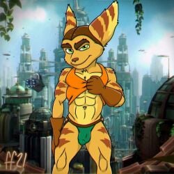 2021 abs anthro biped brown_body brown_clothing brown_eyebrows brown_fur brown_gloves brown_handwear brown_headwear brown_nose bulge closed_smile clothed clothing clothing_lift detailed_bulge digital_drawing_(artwork) digital_media_(artwork) eyebrows fabfelipe front_view fur fur_markings genital_outline gloves green_eyes hand_on_leg hand_on_own_leg hand_on_own_thigh hand_on_thigh handwear headgear headwear hi_res lombax looking_at_viewer male male_only mammal markings mouth_closed multicolored_body multicolored_fur muscular muscular_anthro muscular_male navel orange_clothing orange_shirt orange_topwear penis_outline ratchet_(ratchet_and_clank) ratchet_and_clank shirt shirt_lift smile solo sony_corporation sony_interactive_entertainment thick_eyebrows topwear yellow_body yellow_fur