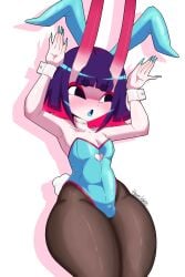 balls bulge femboy hoodie horns kaos_(kaosdouji) kaosdouji leotard long_fingernails male oni pantyhose penis pink_body purple_hair small_penis tail thick_thighs