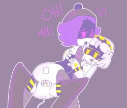 beanie breasts disassembly_drone female/female female_only moaning murder_drones purple_hair pussy scissoring silver_hair tongue_out tribadism uzi_(murder_drones) v_(murder_drones) worker_drone yuri