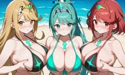 3girls aegis_elysium ai-assisted ai-generated ai_generated alluring big_breasts bikini blush breasts_squeezed_together cleavage core_crystal day dress earrings elbow_gloves female female_focus gem gloves grabbing_another's_breast grabbing_breast green_eyes green_hair groping hair_ornament headpiece holding holding_breast holding_breasts indoors jewelry large_breasts long_hair looking_at_viewer multiple_girls mythra navel nintendo ocean patreon patreon_username pneuma_(xenoblade) pressing_breasts pyra red_eyes sand seaside standing stars swept_bangs swimsuit third-party_edit tiara touching_breast touching_breasts trio_focus very_long_hair water watermark xenoblade_(series) xenoblade_chronicles_2 yellow_eyes