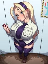 1girls big_breasts black_skirt blonde_hair blue_eyes breasts female female_only filia_(skullgirls) footwear hair holding_object holding_phone huge_breasts legwear long_hair necktie neckwear painting_fish phone pre-samson_filia school_uniform schoolgirl_uniform shirt shoes skirt skullgirls solo solo_female thighhighs thighs white_shirt