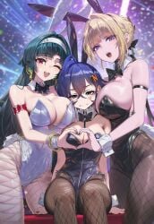 3girls ai_generated animal_ears astra_yao backless_leotard bare_shoulders belle_(zenless_zone_zero) big_breasts black_hair blonde_hair breasts bunny_ears bunnysuit evelyn_chevalier female fishnets tagme thick_thighs thighs yuneillusts zenless_zone_zero