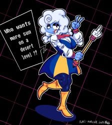 abstract_background bedroom_eyes big_breasts blue_clothing blue_outfit blue_skinned_female boots busty_female clothed cloud deltarune deltarune_chapter_3 dialogue dialogue_box dressed elnina_(deltarune) female female_only fluffy_hair fully_clothed gesture legwear long_nose looking_at_viewer one_leg_up peace_sign posing posing_for_the_viewer sheep smiling_at_viewer solo thick_thighs thunder_thighs v_sign white_clothing white_hair yanisp5