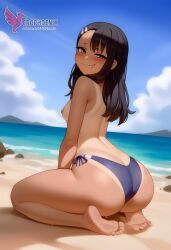 1girls 2d ai_generated areolae ass back bare_shoulders beach big_ass bikini bikini_pull black_hair blue_bikini blue_eyes brown_eyes competition_swimsuit dark_skin dark_skinned_female day erophoenix female female_focus full_body hairclip hayase_nagatoro jewelry long_hair looking_at_viewer ocean one-piece_swimsuit one-piece_tan outdoors patreon_username please_don't_bully_me,_nagatoro sitting skin_fang sky small_breasts smile solo swimsuit tan tan_body tan_lines tanline thick thick_thighs uncensored