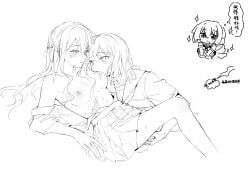 2girls absurdres bang_dream! bang_dream!_it's_mygo!!!!! blush breast_sucking breasts chinese_text commentary ear_blush female fingering greyscale hanasakigawa_school_uniform highres kemonomimi_mode long_hair medium_breasts medium_hair misumi_uika monochrome multiple_girls muonrei00 nipples open_clothes open_shirt parted_lips pleated_skirt pussy_juice saliva school_uniform serafuku sidelocks skirt togawa_sakiko translation_request two_side_up yuri