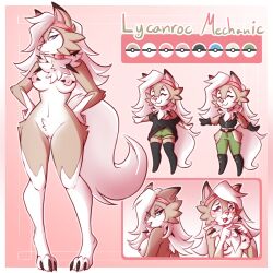 1:1 2025 accessory anthro areola biped blue_eyes blush border bottomwear breasts brown_body brown_fur chest_tuft claws clothed clothing digital_media_(artwork) feet female fur generation_7_pokemon genitals hair hands_on_own_hips headband hi_res hindpaw long_hair lycanroc model_sheet navel nintendo nipples nude paws pink_areola pink_background pink_nipples pokemon pokemon_(species) shaded shorts simple_background solo spider_bones standing toe_claws tuft vulva white_body white_border white_fur white_hair