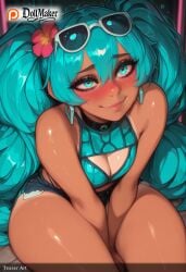 ai_generated aqua_eyes aqua_hair artist_name ass bikini blush breasts dark-skinned_female dark_skin dollmaker dollmaker_(artist) earrings eyewear_on_head female flower goggles goggles_on_head hair_flower hair_ornament hatsune_miku jewelry lips long_hair patreon_logo patreon_username shiny shiny_skin solo sunglasses swimsuit tagme tan tanlines thick_thighs thighs twintails watermark web_address