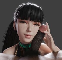 1boy 1girls 3d black_eyes black_hair clothed_female_nude_male dark-skinned_male dark_skin eve_(stellar_blade) light-skinned_female light_skin looking_at_viewer male_pov male_pubic_hair penis pov precum pubic_hair shaddoll_x stellar_blade
