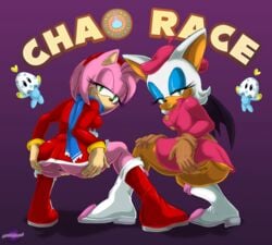 2girls 5_fingers amy_rose anus bat chao_(sonic) chiropteran duo eyelashes fingers hair half-closed_eyes hedgehog hedgehoglove lips looking_at_viewer looking_back multiple_girls pink_body pink_hair pussy rouge_the_bat scarf sega smile sonic_(series) spread_anus tan_body white_hair wings