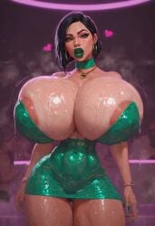 1girls 2d ai_generated big_breasts bimbo black_hair green_clothing green_eyes green_lipstick hugoroman massive_ass massive_breasts small_waist solo solo_female stripper valorant viper_(valorant)