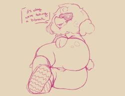 afro_puffs anthro ass blush blush_stickers boots bottomless bovid breasts caprine clothed clothing cloven_hooves cotton_tail curvy_figure darkner deltarune dialogue elemental_creature elemental_humanoid elnina_(deltarune) english_text eyewear female footwear genitals hand_on_hip holemann hoof_hands hooves humanoid infidelity inviting inviting_to_sex looking_at_viewer looking_back lying mammal mane on_side open_mouth partial_speech_bubble polygonal_speech_bubble poofy_hair presenting presenting_pussy pussy sheep sheep_girl shirt shoe_soles shoes snout solo speech_bubble stuttering sunglasses talking_to_viewer tapering_snout text topwear undertale_(series) voluptuous voluptuous_female