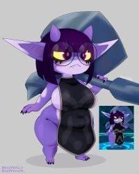 apron apron_only atlyss big_breasts chubby_female female glasses horns imp_(atlyss) kaosdouji pointy_ears purple_body purple_eyes purple_hair shortstack