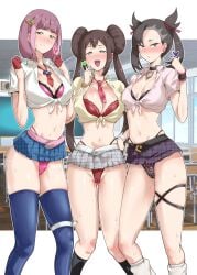 3girls bare_arms bare_legs bare_shoulders bare_thighs big_breasts black_hair blue_eyes blush bra brown_hair clothed clothing color female female_focus female_only game_freak green_eyes hi_res lacey_(pokemon) large_breasts light-skinned_female light_skin long_hair looking_at_viewer marnie_(pokemon) nintendo open_mouth panties pink_hair pokemon pokemon_bw pokemon_ss pokemon_sv pokemon_trainer rosa_(pokemon) sagattoru skirt solo_female tagme thick_thighs