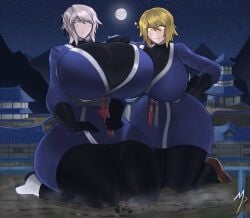 5girls blade_lineage_(identity)_(project_moon) breast_expansion don_quixote_(limbus_company) faust_(limbus_company) female giantess ishmael_(limbus_company) kurokumo_clan_(identity)_(project_moon) limbus_company magnaprospekt moon night_sky project_moon rodion_(limbus_company) ryoshu_(limbus_company) scar scar_on_face scars white_hair yellow_hair