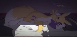 autumndeer bed bedding blanket canid canine digimon digimon_(species) female fox mammal nude pillow pussy pussy_juice renamon text