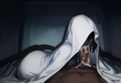 ai_generated aigatari ass blowjob creepy cum cum_in_mouth curvy dark-skinned_male dark_skin fellatio female ghost_girl horror huge_ass interracial male monogatari_(series) oral oshino_ougi pale_skin under_blanket very_dark_skin